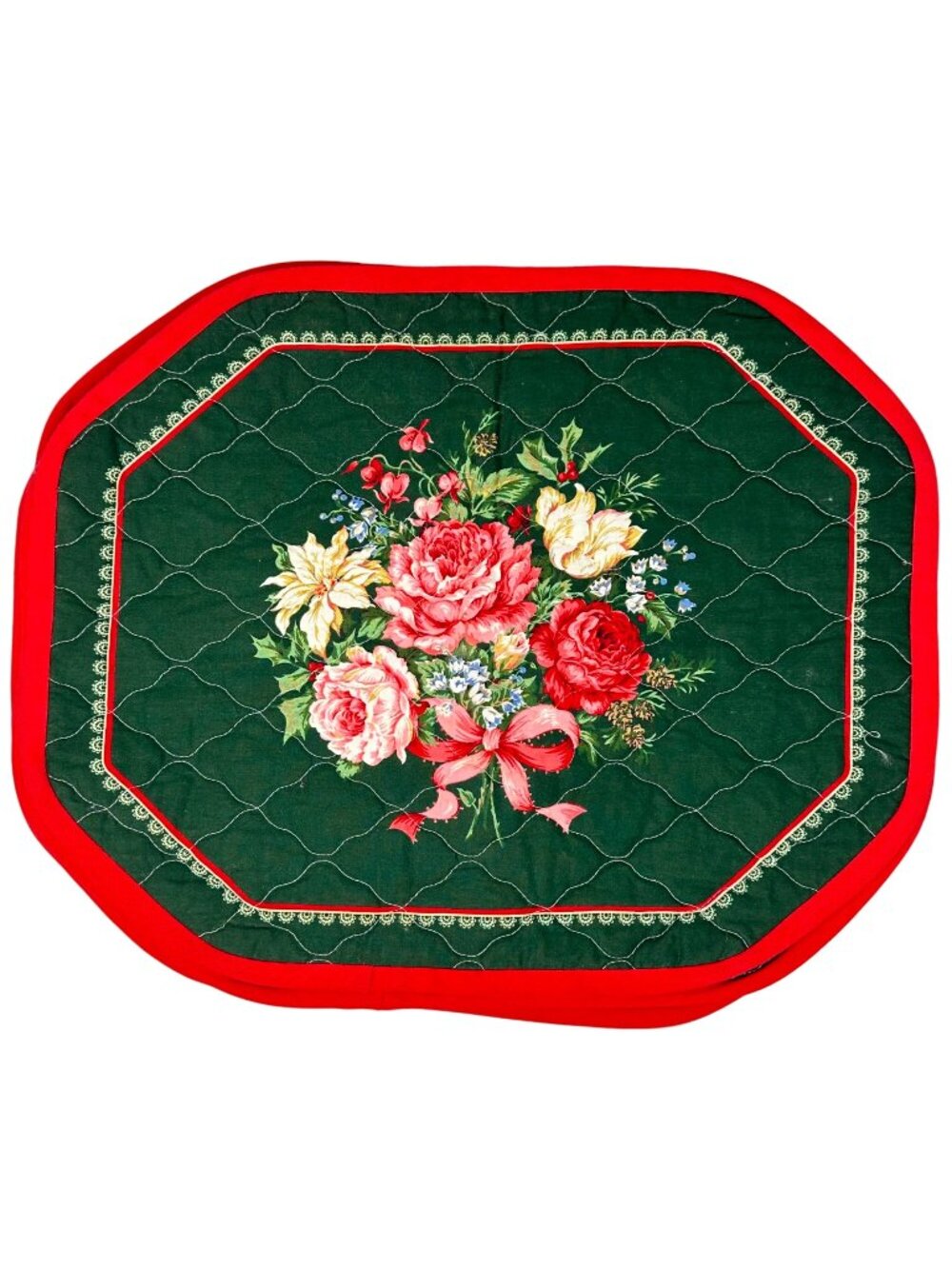 Vintage Quilted Floral Placemats Green Red 8 Pc Set 14x18 in Granny Cottage Core